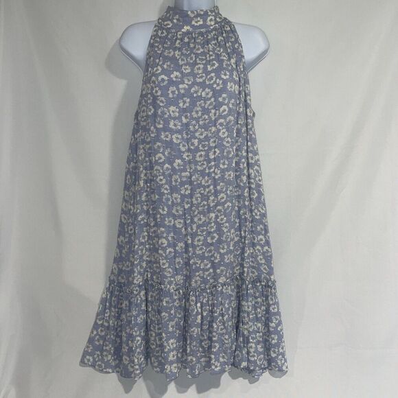 Sam Edelman Drop Waist Blue Periwinkle trapeze Dress Swiss Dot High Neck 6 - Picture 1 of 12